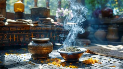 A serene setting of traditional herbal medicine with smoldering incense, ancient scripts, and sunlit ambiance.
