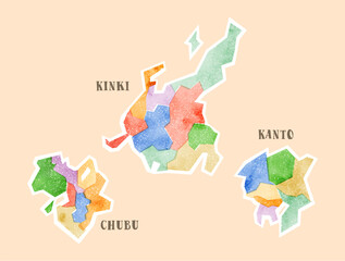 版ズレ風の素朴な日本地図：関東地方・中部地方・近畿地方