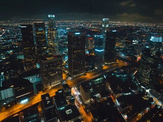 An aerial view captures the vibrant energy of a city at night, with illuminated streets and buildings forming a glowing grid