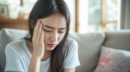 Dizzy Asian Young Woman with Headache at Home