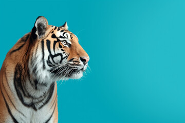 a tiger, cute, scary, isolated on pastel blue background, with copy space for text