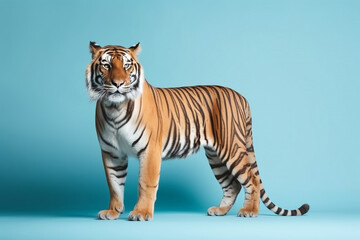 Obraz premium a tiger, cute, scary, isolated on pastel blue background, with copy space for text