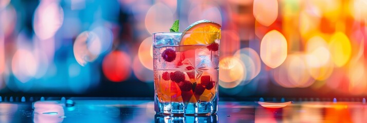 a fruity vodka cocktail in a low ball glass, on a modern bar with large bokeh background 
