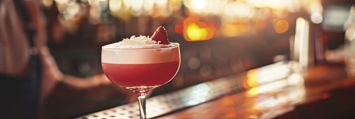a fruity strawberry cocktail in a large coupe glass, on a long wooden bar - obrazy, fototapety, plakaty