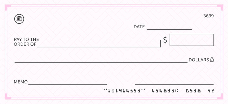 Bank check, vector blank money cheque, checkbook template with seamless pattern and border. Blank bank check for dollar currency payment coupon, Blank money check in pink color vector illustration