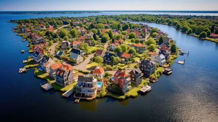 Fototapeta premium Houses on lake village. River island with countryside