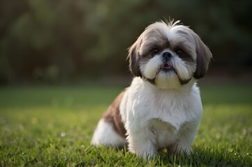 cute shih tzu puppy dog on green grass
