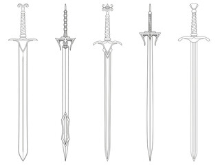 Sword line art SET. Ancient Longsword. Saber. Blade Tattoo. Vector illustration isolated on white background.