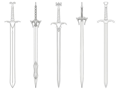 Sword line art SET. Ancient Longsword. Saber. Blade Tattoo. Vector illustration isolated on white background.