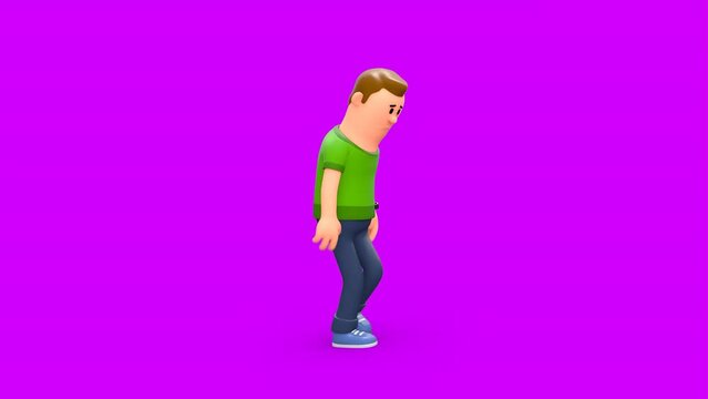 3D Animated Scene Of Cartoon Man Walking Hopelessly Slouching Forward.