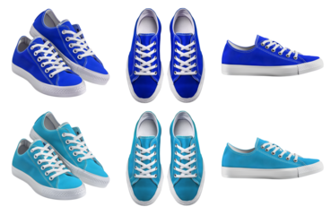 2 Set of plain dark light blue turquoise sneaker lace up sport-shoe sports shoe front top side view transparent background cutout, PNG file. Different angle Mockup template for artwork graphic design