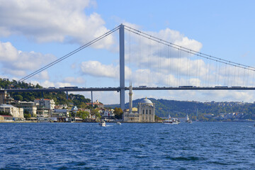Ortakoy Mosque or Grand Mecidiye Mosque under the Bosphorus Bridge, Besiktas, Istanbul, Turkey