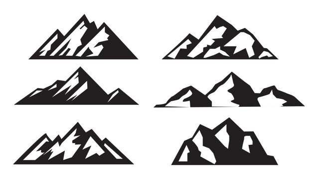 Mountain vector icons set. Set of mountain silhouette elements. Outdoor icon snow ice mountain tops, decorative symbols isolated. Camping mountain logo, travel labels, climbing or hiking badges