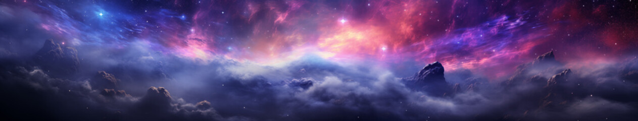 Fototapeta na wymiar Celestial Cloudscape and Starry Peaks