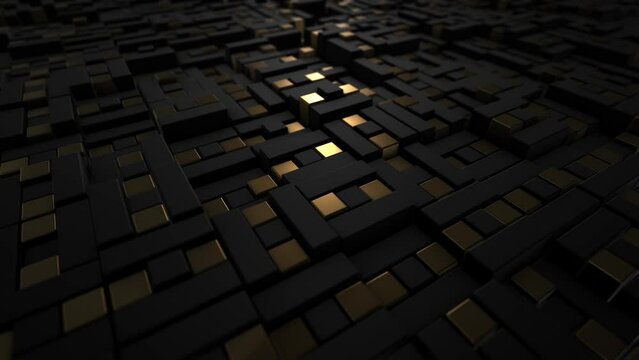 Dark black and golden abstract background with plenty of randomly floating three-dimensional blocks. Realistic luxury wallpaper for business, finance and commercial success. 3D Render, Video 4k, 60fps