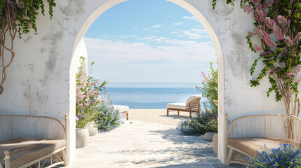 view of arched gate with a view to the sea beach