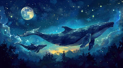 Obraz na płótnie Canvas Gentle giants of the sea, whales, bask in the glow of a luminous moon, swimming amidst the stars in the tranquil expanse of the night sky.