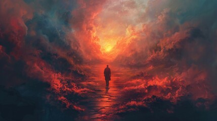 A solitary figure walks on a path towards an intense, fiery horizon, engulfed in a dramatic and vivid display of clouds and light. - obrazy, fototapety, plakaty