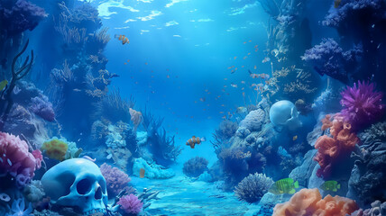 Fototapeta premium Skulls on the underwater with the colorful, Illustration