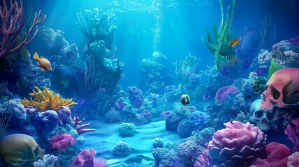 Fototapeta na wymiar Skulls on the underwater with the colorful, Illustration