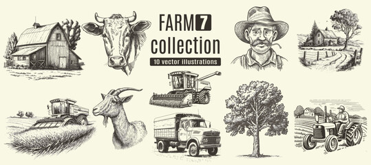 Rural meadow or countryside farm set. A village landscape with cows, goats and lamb, hills and a farm.