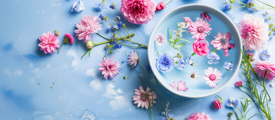 Colorful spring flowers arranged around a ceramic bowl on a blue background, creating a serene and aesthetic visual appeal. 