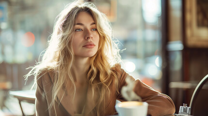 Blonde Frau sitzt im Cafe und trinkt Kaffee