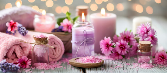Obraz na płótnie Canvas Spa essentials: Pink towels, aromatic candles, and flowers create a serene setting for relaxation and wellness.