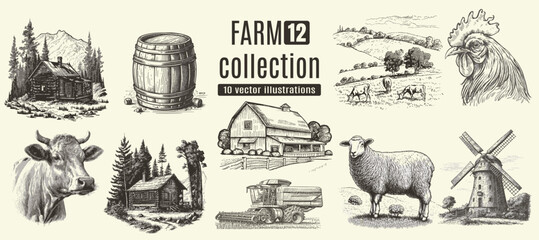 Farm animals, cows, rural houses. Hand drawn set.