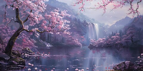 painting of flowers in bloom by a lake, with a waterfall, in the style of palette knife impressionism, cherry blossoms, light violet, eastern brushwork, landscape-focused, photorealistic pastiche