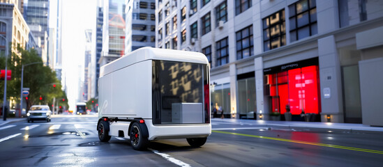 Autonomous electric delivery vehicle on city street, modern architecture, eco-friendly transportation, urban landscape. - obrazy, fototapety, plakaty