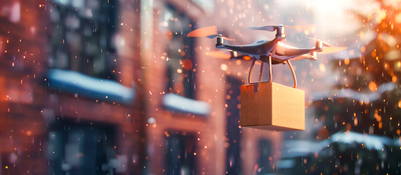 Drone delivering a package amidst light snowfall, showcasing modern technology’s role in efficient, contactless delivery in urban settings.