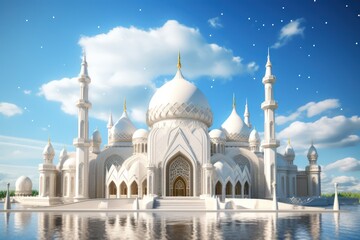 illustration of a fantasy majestic white mosque in flowing clouds