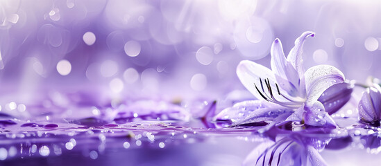 Purple lily flower with dew drops, glistening on a reflective surface amidst soft focus lights, conveying a sense of freshness and tranquility. Flower background with copy space.