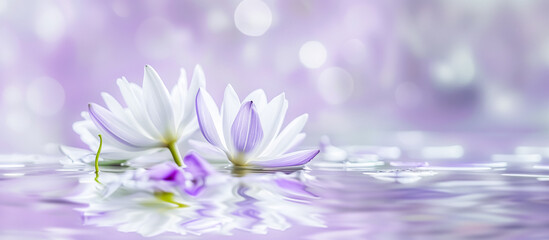 White water lilies with purple petals floating on serene waters, illuminated by soft light creating a magical atmosphere, perfect for themes of nature, peace, and tranquility backgrounds.