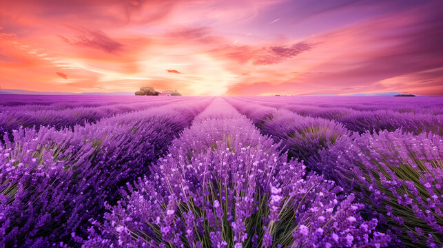 Lavender fields at sunset, vibrant purple flowers against a dramatic sky painted with hues of pink, orange and purple, creating a tranquil and mesmerizing landscape.