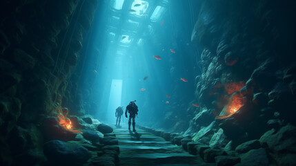 Dark underwater scene with people diving in Egypt, exploring a vibrant coral reef surrounded by marine life, illuminated by the soft glow of natural sunlight