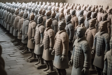 A life-size terracotta soldier statue. More than 100 of them lined up, located in a famous ancient Chinese cemetery.