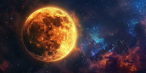 Yellow moon in the night sky with a natural evening landscape - obrazy, fototapety, plakaty