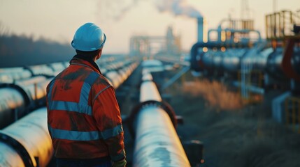 Male worker inspects steel pipes and pipe elbows in oil refinery, checking valves and recording in the oil and gas industry.