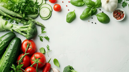 Healthy food products top view, food background, free space