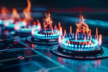 Concept of rising natural gas prices illustrated by gas burners and stock market charts. - obrazy, fototapety, plakaty
