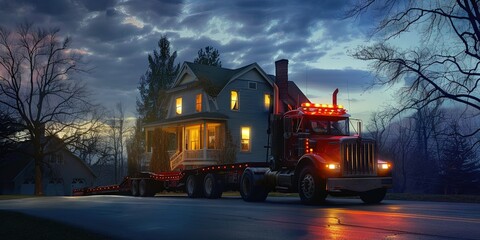 House on the back of a semi truck - foreclosure concept with house being repossessed or moving and relocating to a new location  - obrazy, fototapety, plakaty