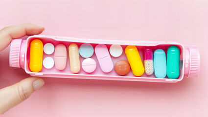 A pink pill organizer held between two fingers containing various pills, highlighting the increasing issue of medication misuse