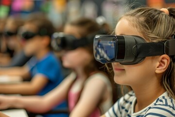 A young girl engrossed in a virtual reality experience through a pair of glasses, exploring a whole new world.