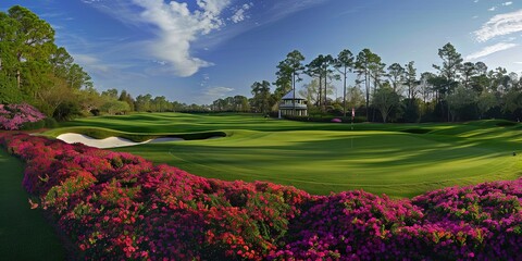 Well-kept golf course with the fairway and green - Masters of golf (often professional golfers associated with various sponsors) play for domination on the course - obrazy, fototapety, plakaty