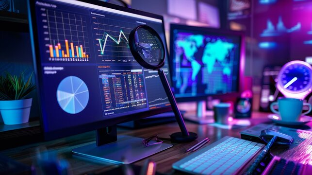 SEO: Images of strategies like keyword research, on-page optimization, link building, with SEO tool screenshots and analytics dashboards