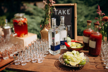 Cold drinks, lemonade from natural berries and fruits on the buffet. Catering, service, aperitif....