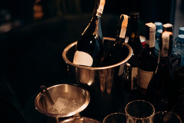 Cold drinks, alcoholic and non-alcoholic at the buffet. Catering, service, aperitif. Celebration, event under the open sky outside