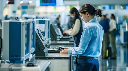 Staff at the International Airport Security Office is operating security inspection instruments - obrazy, fototapety, plakaty